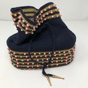 Beaded Crochet Woven Drawstring Bag Boho